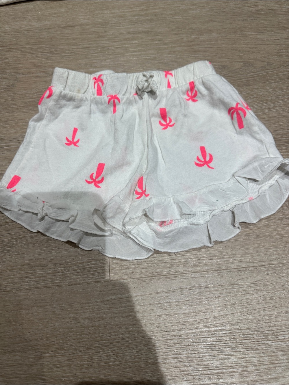 Zara White Ruffle Shorts with Neon Pink Palm Motif